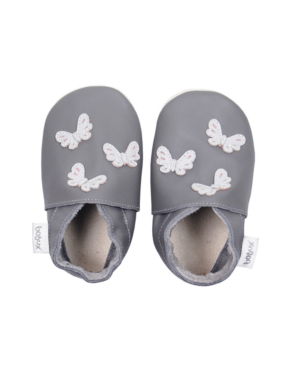 Chaussons en cuir soft soles - Papillons Gris (Bobux)
