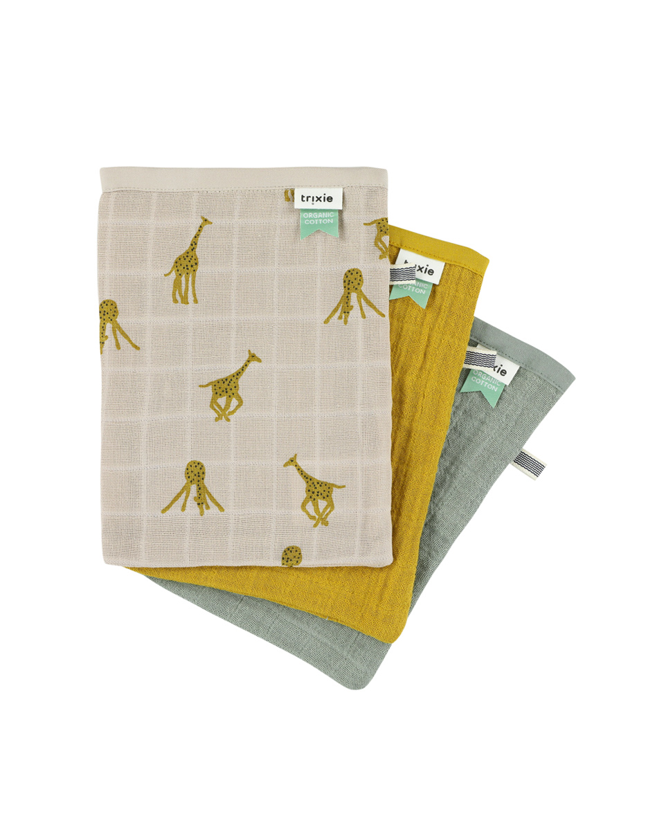 Gants de toilette en mousseline 3-pack mix - Groovy Giraffe (Trixie)