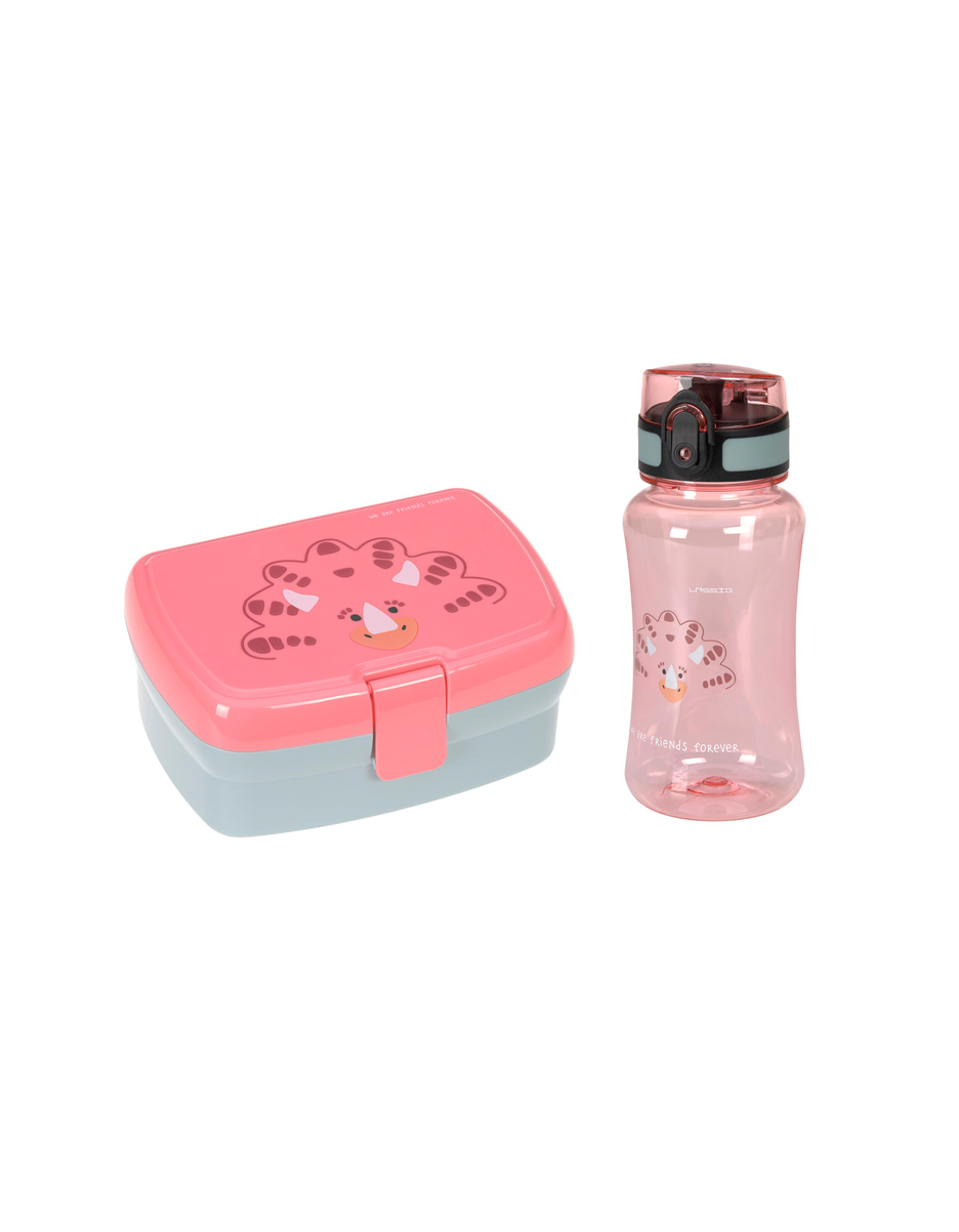 Set Boîte à Goûter et Gourde Enfants, Dino rose (Lassig)