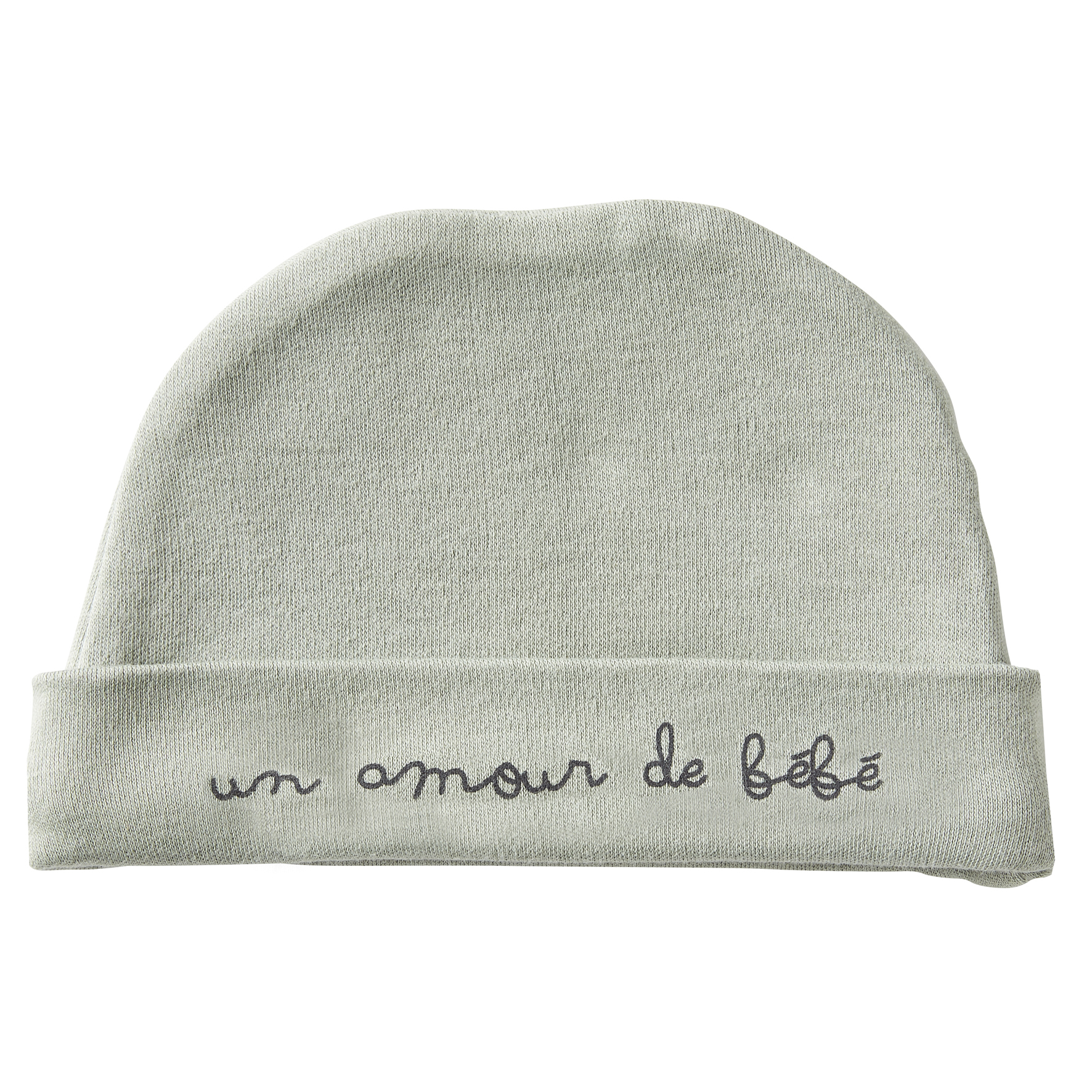 Bonnet naissance pur coton "Un amour de bébé" vert de gris (BB and Co)