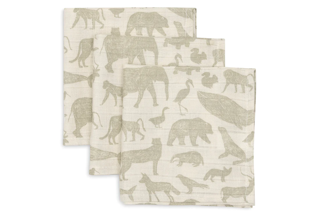 Serviette Gaze de Coton 31x31cm Animals - Olive Green - 3 Unités (Jollein)
