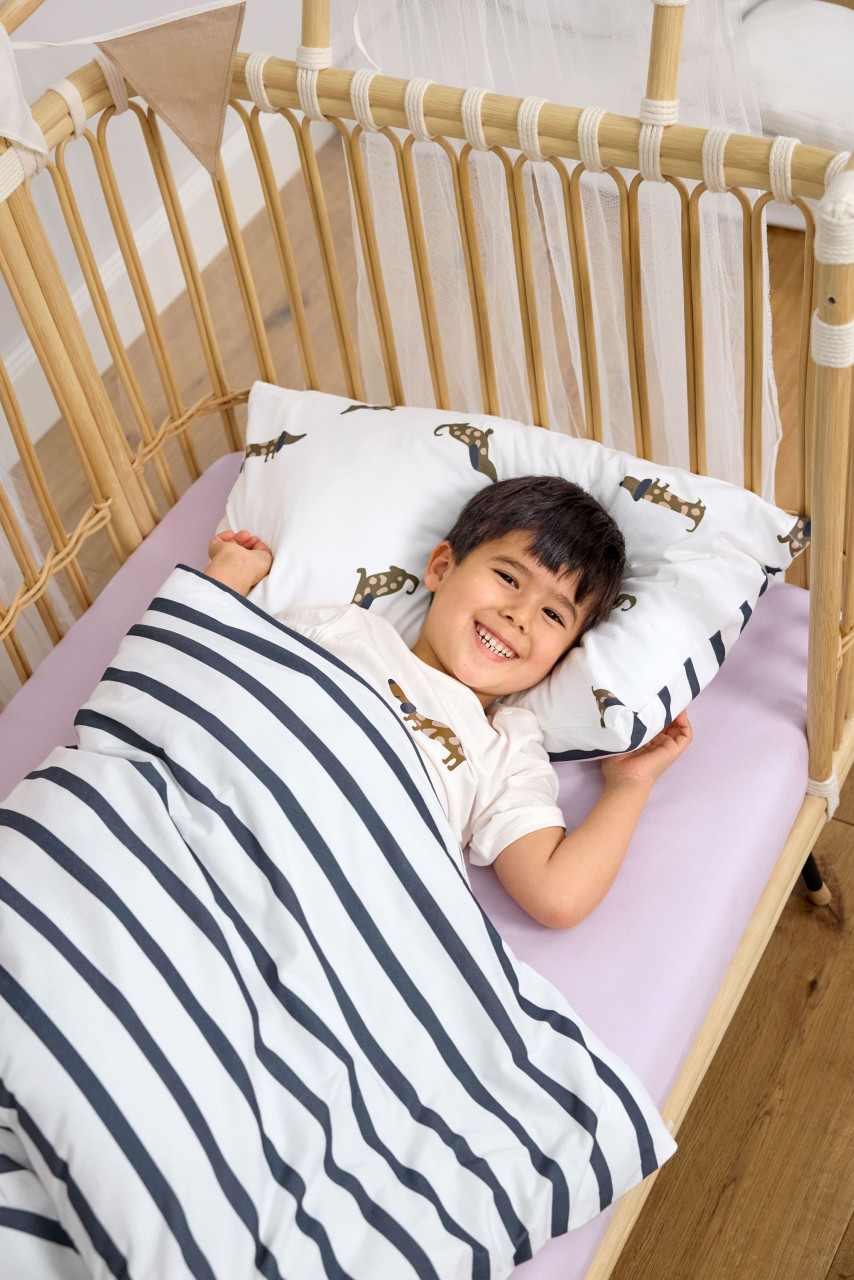 Linge de lit enfants - coton bio, chien, bleu beige (Lassig)
