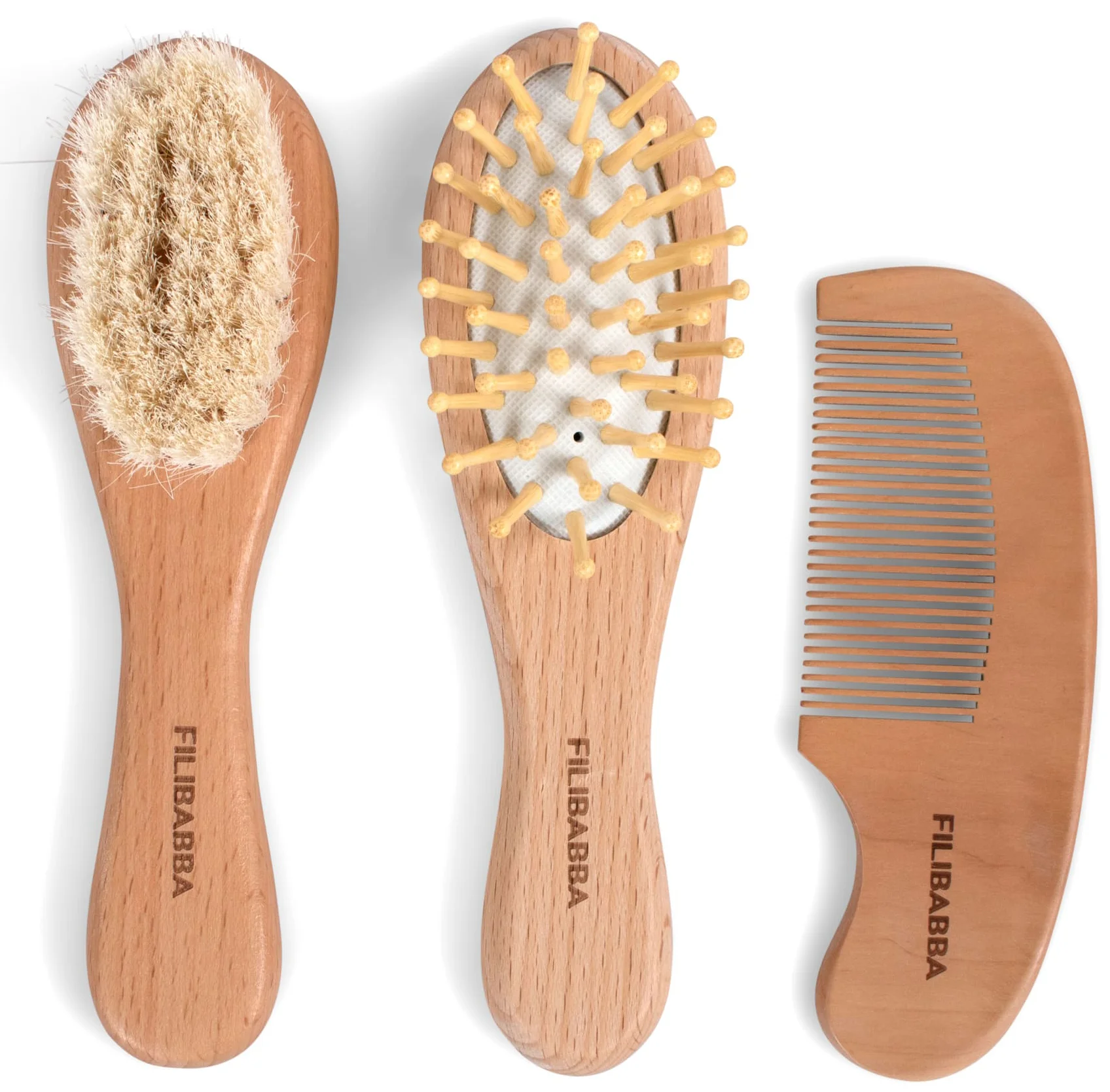 Set brosses et peigne bébé en bois avec pochette coton (Filibabba)