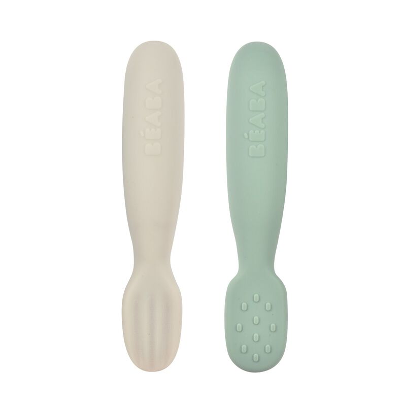 Lot 2 pré-cuillères d'apprentissage silicone Vert sauge/Gris velours (Béaba)