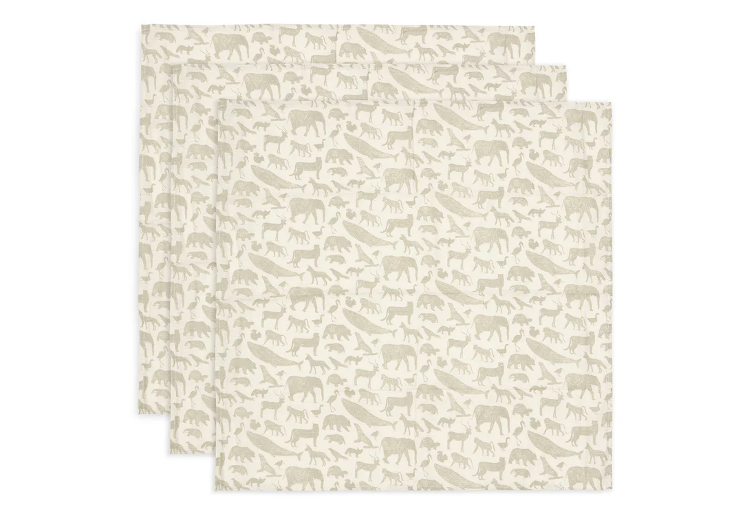 Lange Gaze de Coton Small 70x70cm Animals - Olive Green - 3 Unités (Jollein)